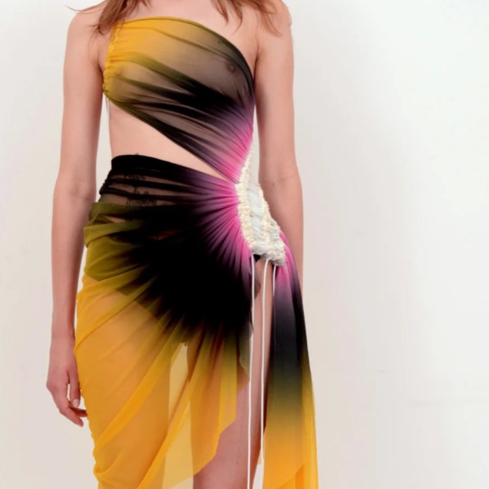 FAL-ASH SIGNATURE MINI MESH DRESS IN YELLOW/PINK.